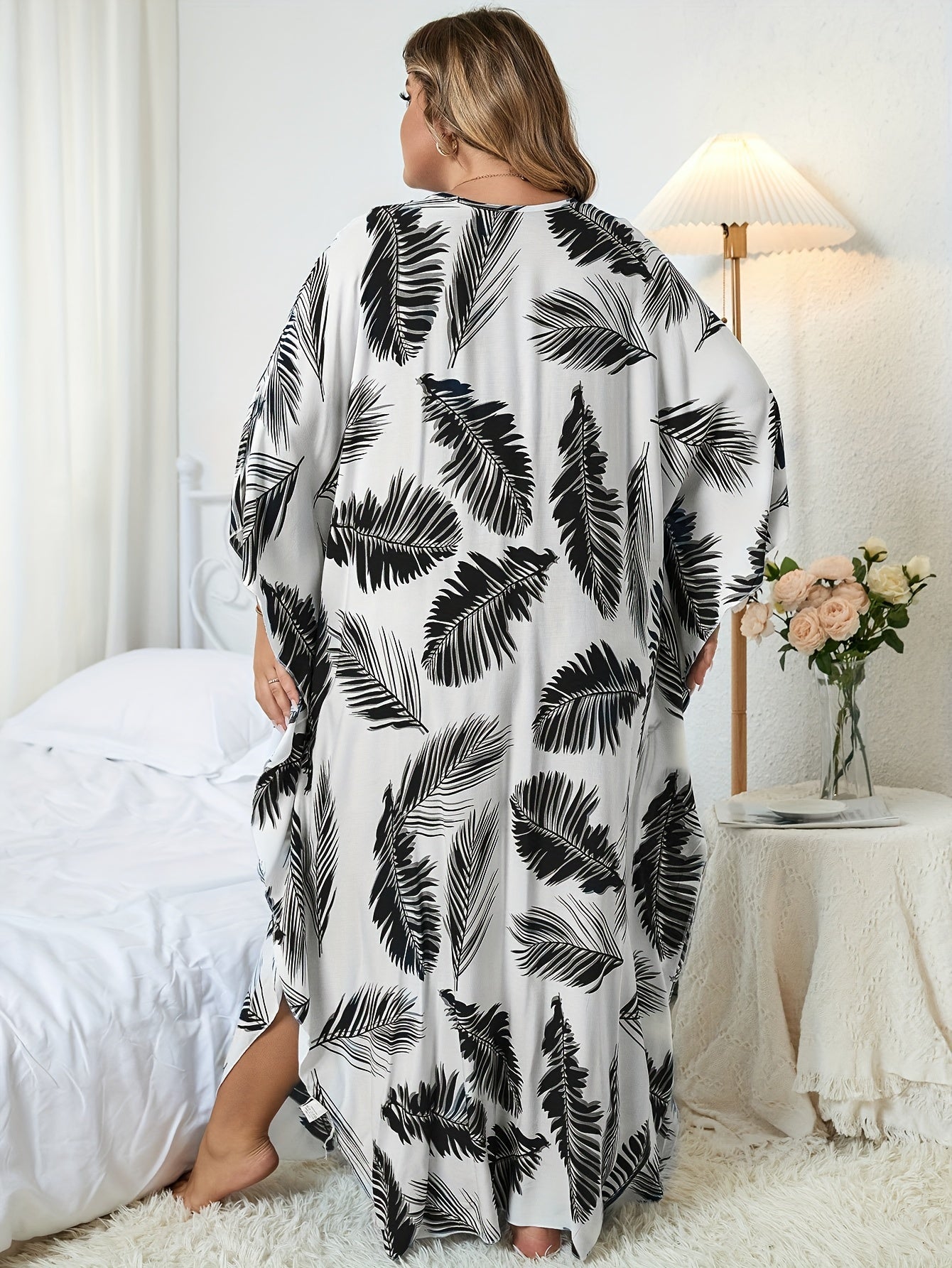  Boho Dress Women's Plus Tropical Print Batwing Sleeve V Neck