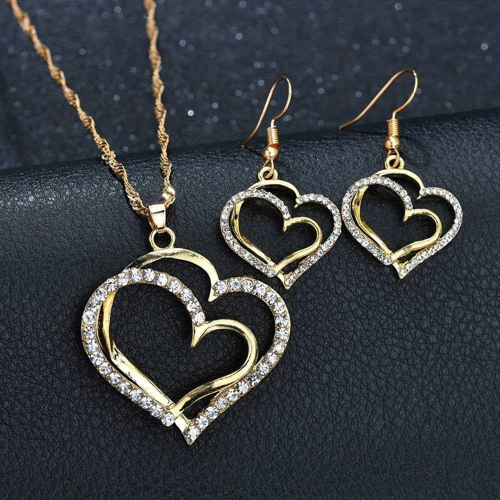 Double Heart Necklace Earrings Bracelet Set Romantic