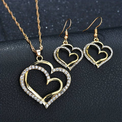 Double Heart Necklace Earrings Bracelet Set Romantic