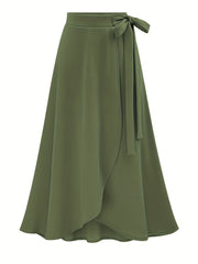  Solid Side Knot Layered Maxi Skirt with Slight Stretch