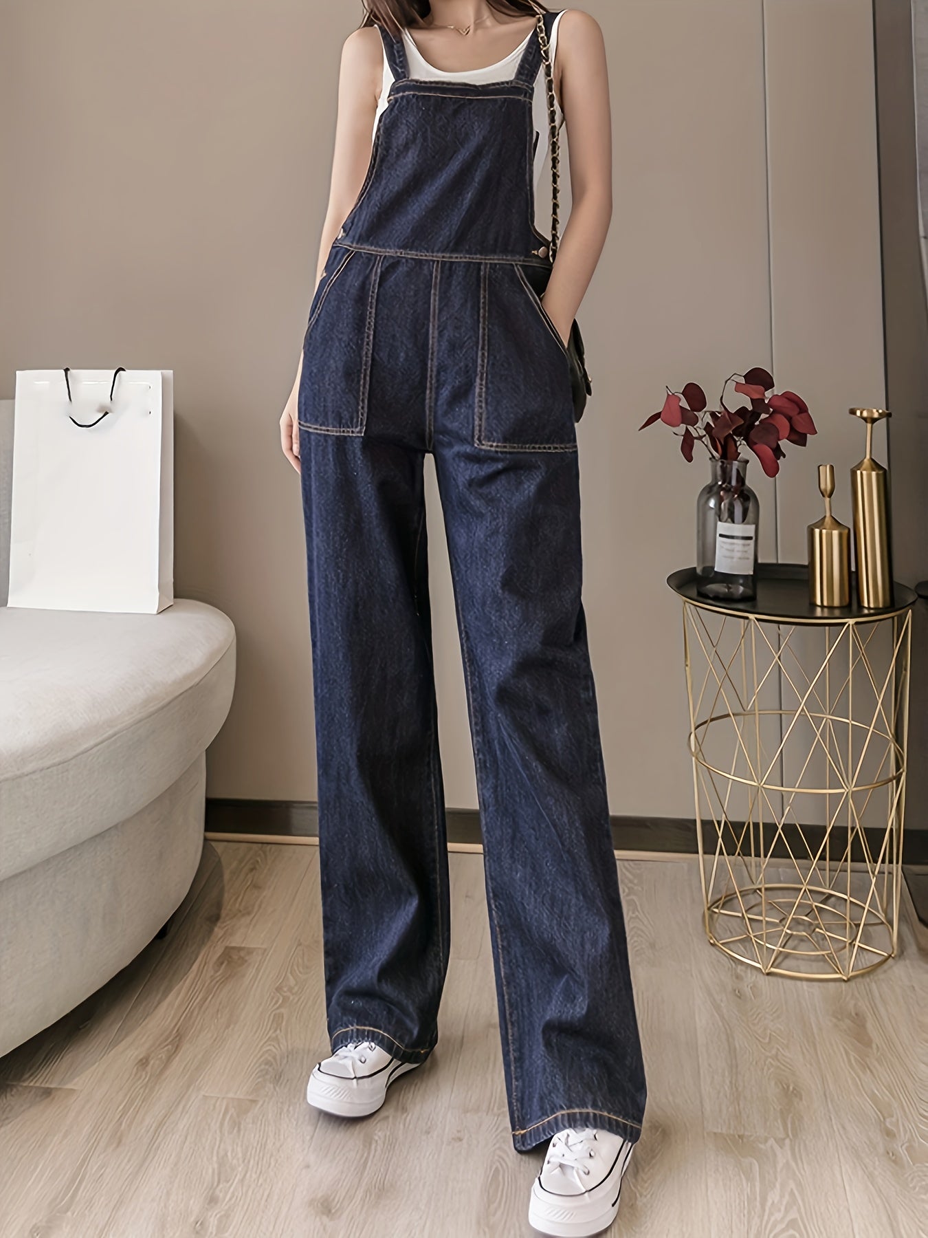 Patchwork Denim Jumpsuit Straight Legs Overalls