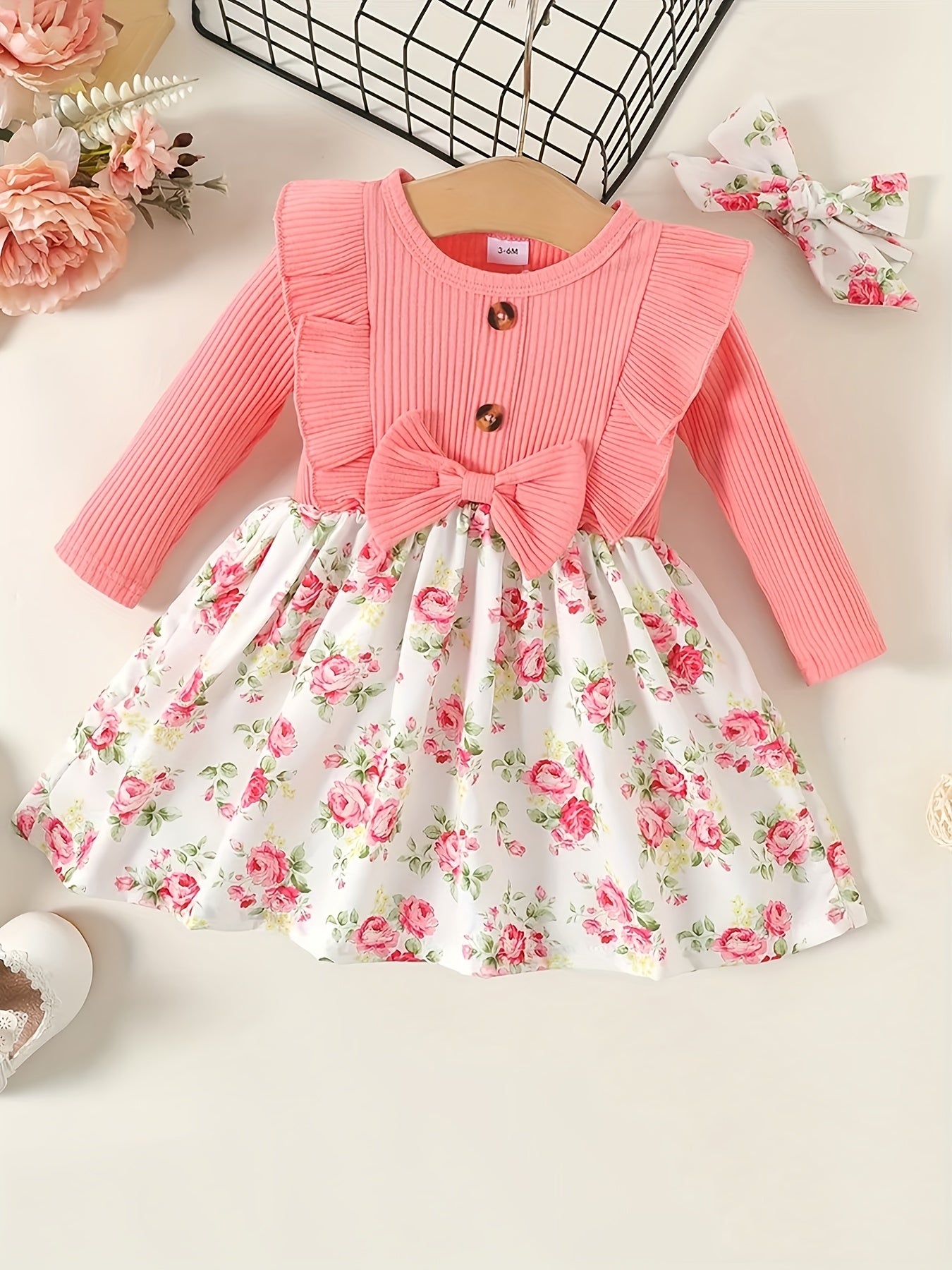 Baby Girl Autumn Bow Ruffle Floral Dress