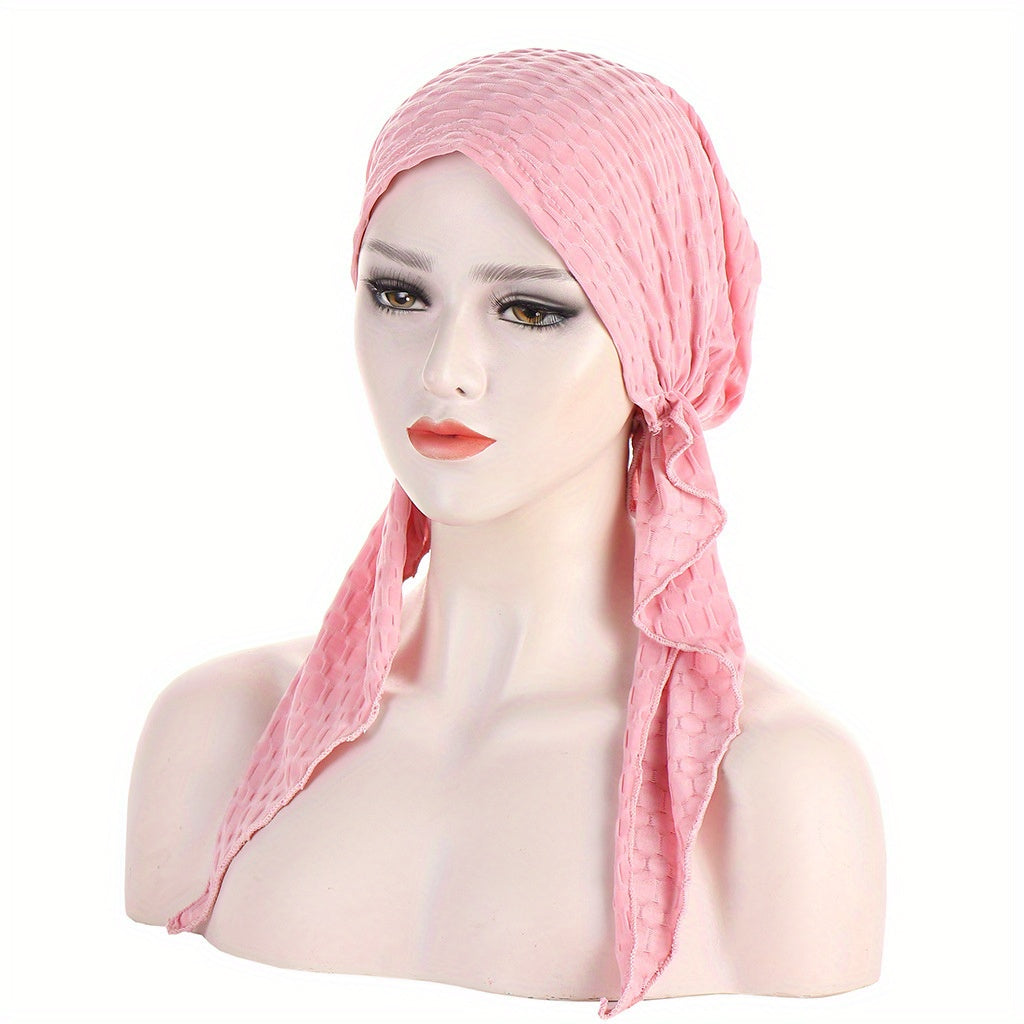 Solid Embossed Turban Cap Elastic Headscarf Women Ramadan Hijab Bandana