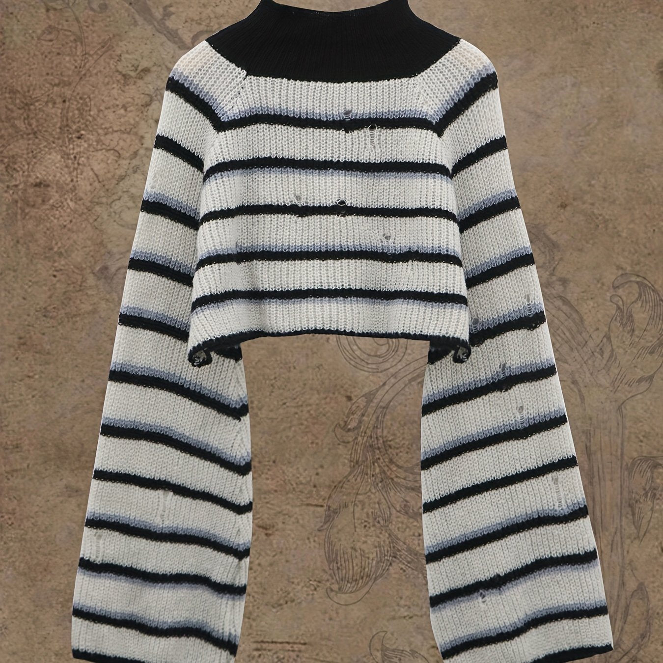  Y2K Sweater Women's Plus Striped Bell Sleeve Mock Neck