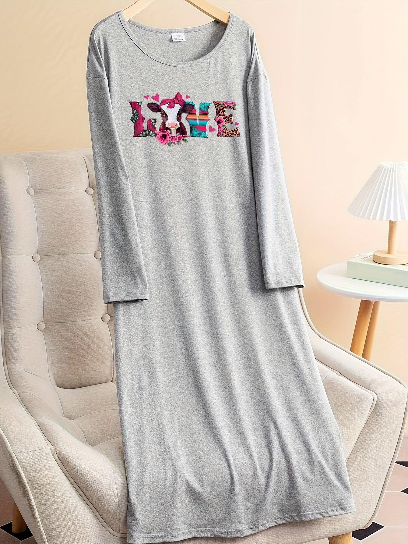  Lounge Dress Women's Plus Floral Cow & Letter Print Nightdress