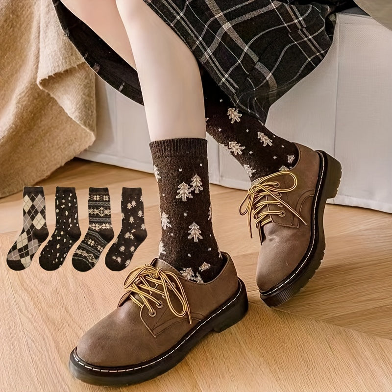 4 Pairs Plaid & Trees Print Socks Mid Tube Women's Stockings