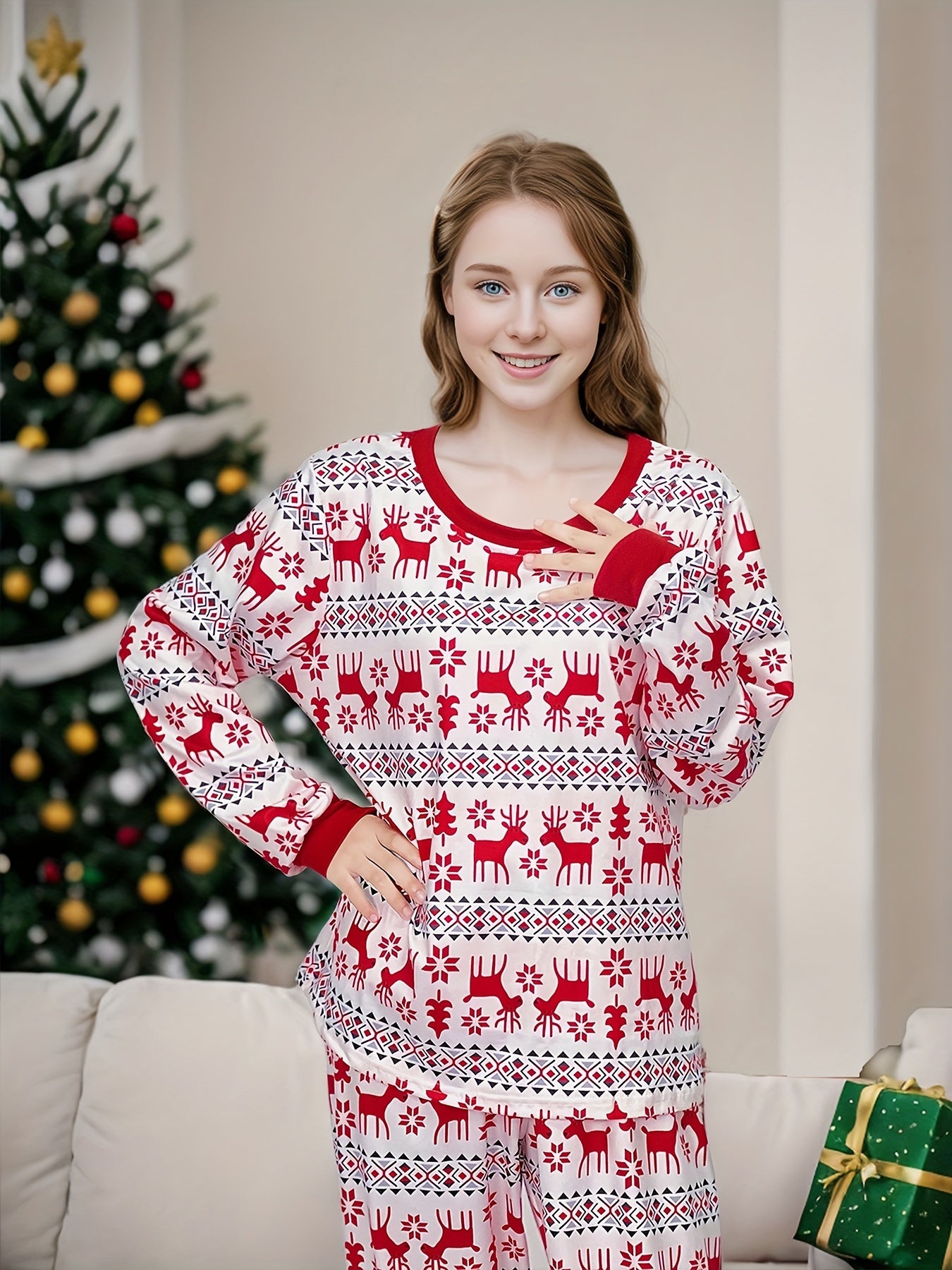 Christmas Elk Print Pajama Set Long Sleeve Top & Pants Women's Sleepwear