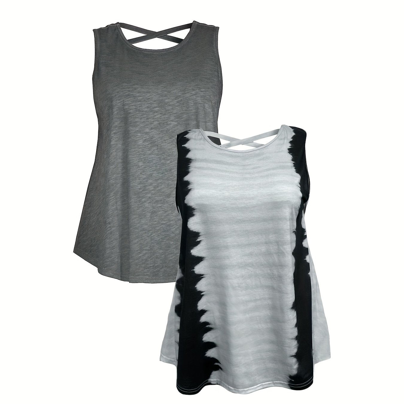 2 Pack Plus Size Casual Tie Dye Tank Top Women's Plus Criss Cross Back Tank Set