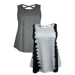 2 Pack Plus Size Casual Tie Dye Tank Top Women's Plus Criss Cross Back Tank Set