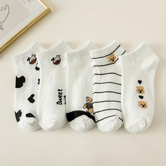 5 Pairs Bear & Cow Print Socks Cartoon Ankle Stockings & Hosiery