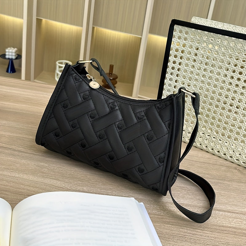 Quilted Heart Pattern Underarm Bag PU Leather Textured Bag Purse