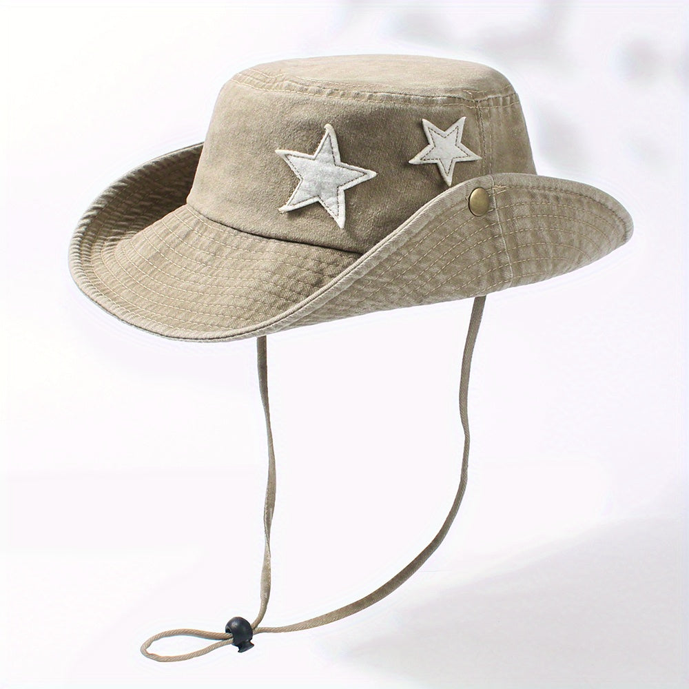 Star Patch Western Bucket Hat Distressed Cowboy Hat Outdoor Fishing Hiking Booni