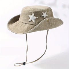 Star Patch Western Bucket Hat Distressed Cowboy Hat Outdoor Fishing Hiking Booni