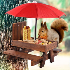 Wooden Squirrel Feeder Picnic House with Umbrella for Outdoor Garden
