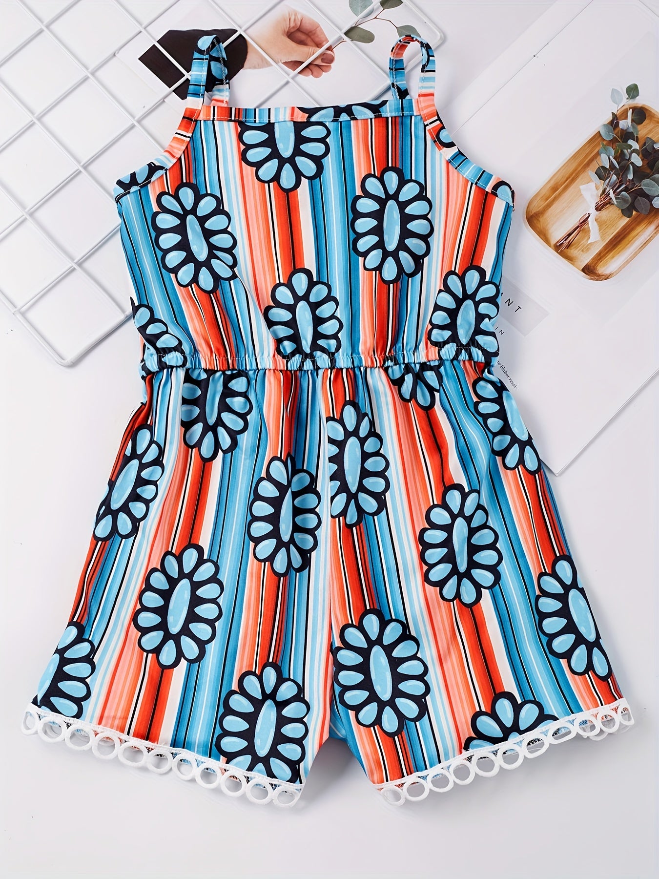 Toddler Girls Block Stripe Gemstone Cami Rompers Jumpsuits