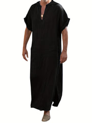Vintage Islamic Arabic Kaftan For Men Short Sleeve Hooded V Neck Muslim Clothes