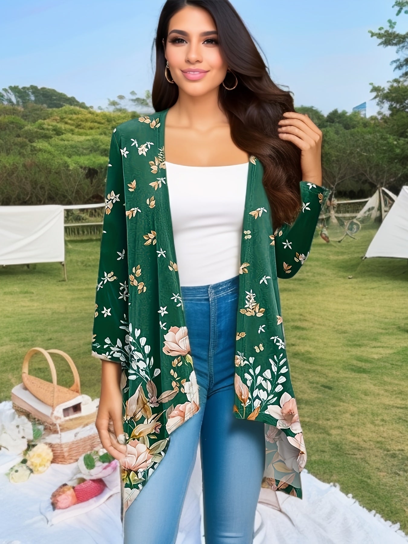  Floral Print Open Front Cardigan