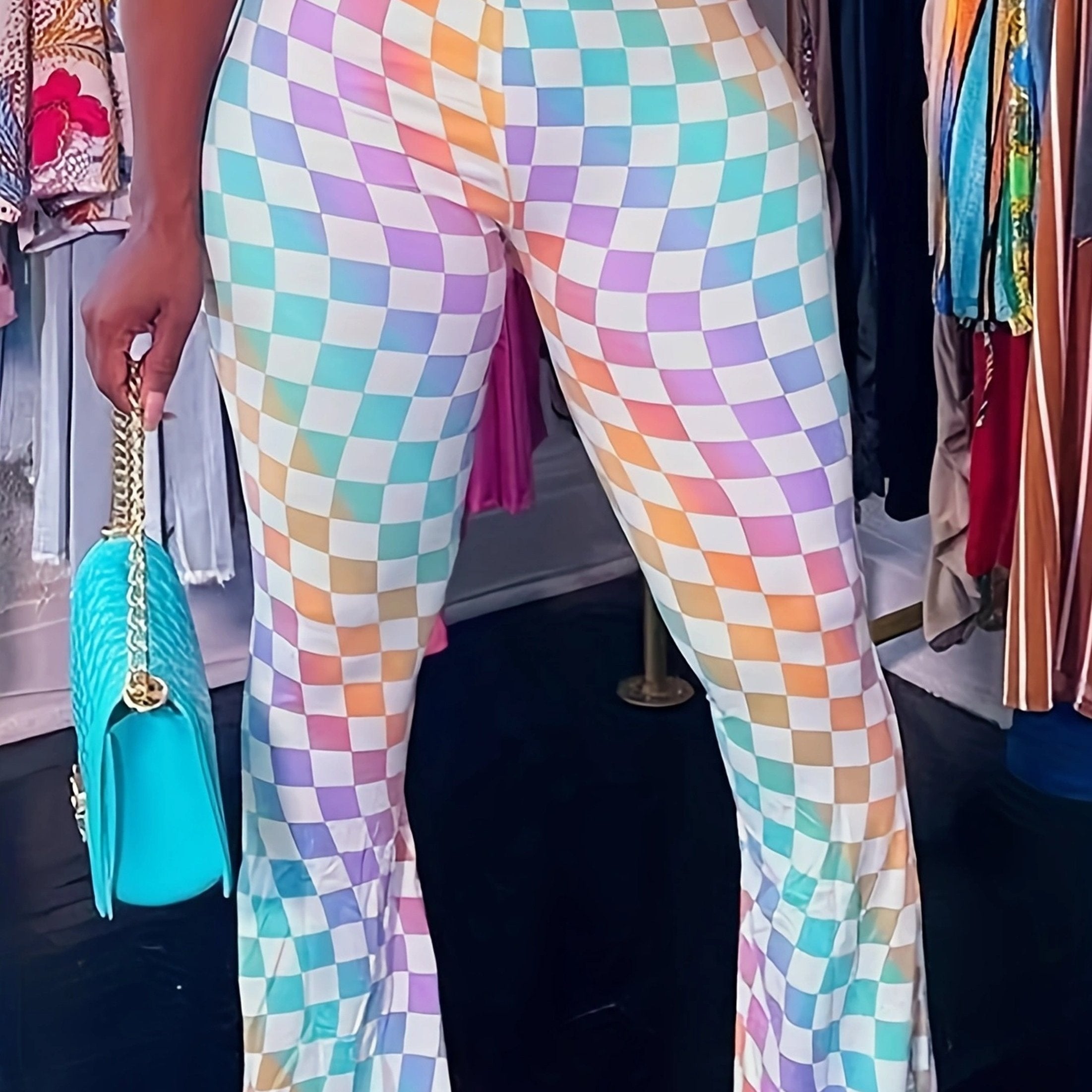  Ombre Checkerboard Print High Rise Flared Leg Trousers