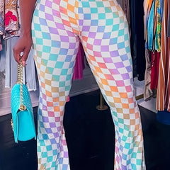  Ombre Checkerboard Print High Rise Flared Leg Trousers