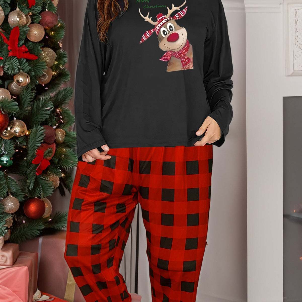  Elk Graphic Tee & Plaid Pants Pajamas Set