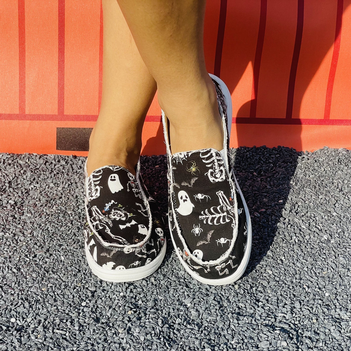 Women's Funny Halloween Print Shoes Casual Skull Pattern Slip On Canvas Shoes