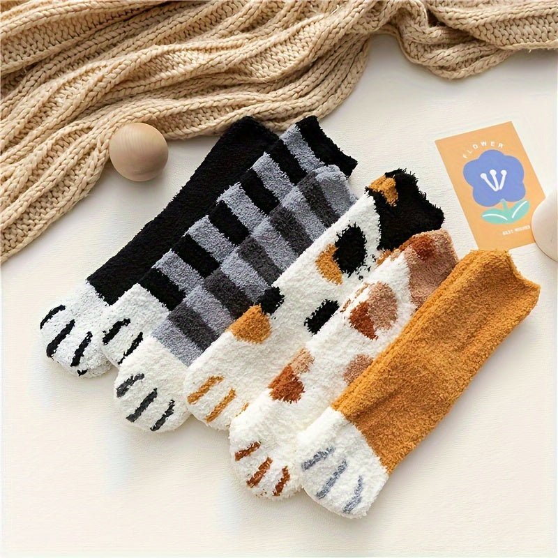 6 Pairs Cat Claw Print Socks Comfy & Fuzzy Warm Hosiery