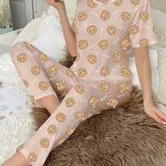 Bear Print Pajama Set Short Sleeve Top & Pants