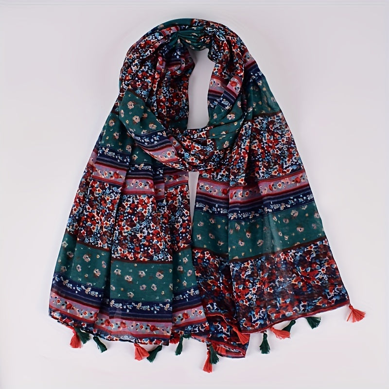 Boho Floral Print Tassel Scarf Block Shawl