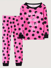 Girl's Dots Print Pajama Set Polyester Elastane Crew Neck Pants