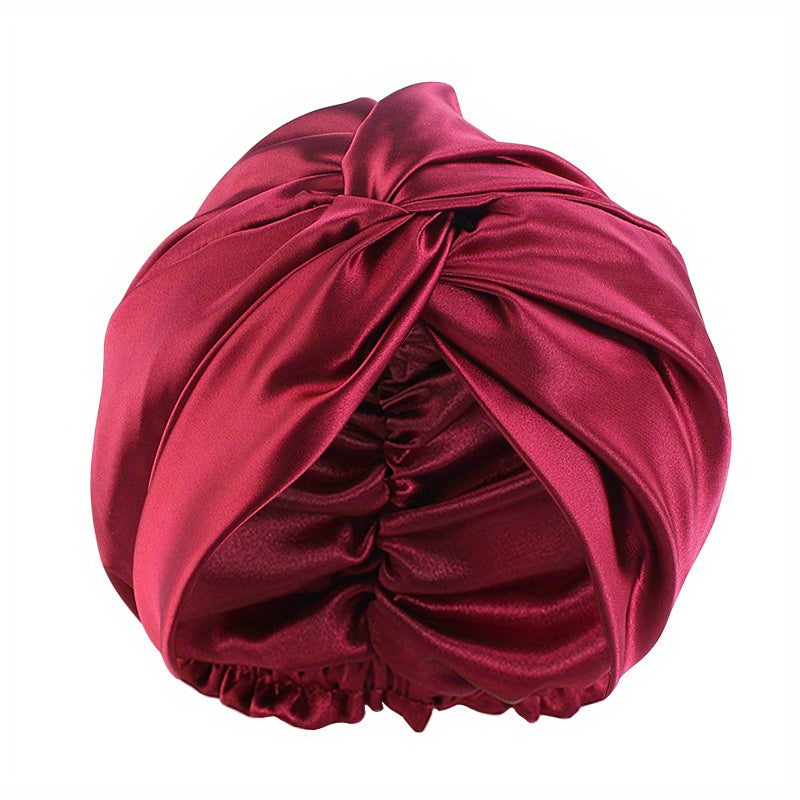 Satin Ruched Bonnet Double Layer Knotted Elastic Turban Soft Shower Cap