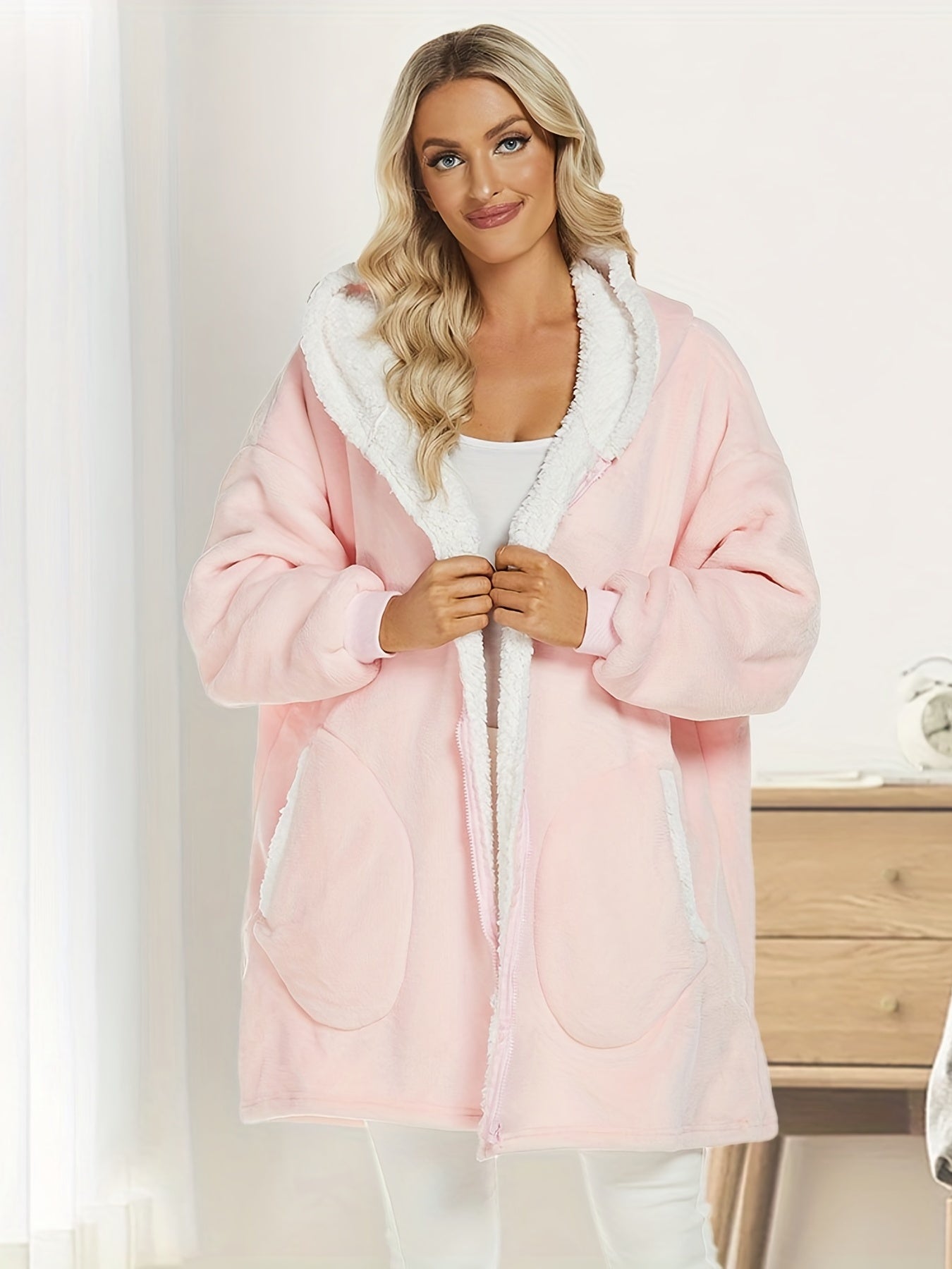 Solid Plush Hooded Lounge Top with Pockets