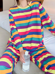Rainbow Stripe Pajama Set Long Sleeve Top & Lounge Pants Women's Sleepwear