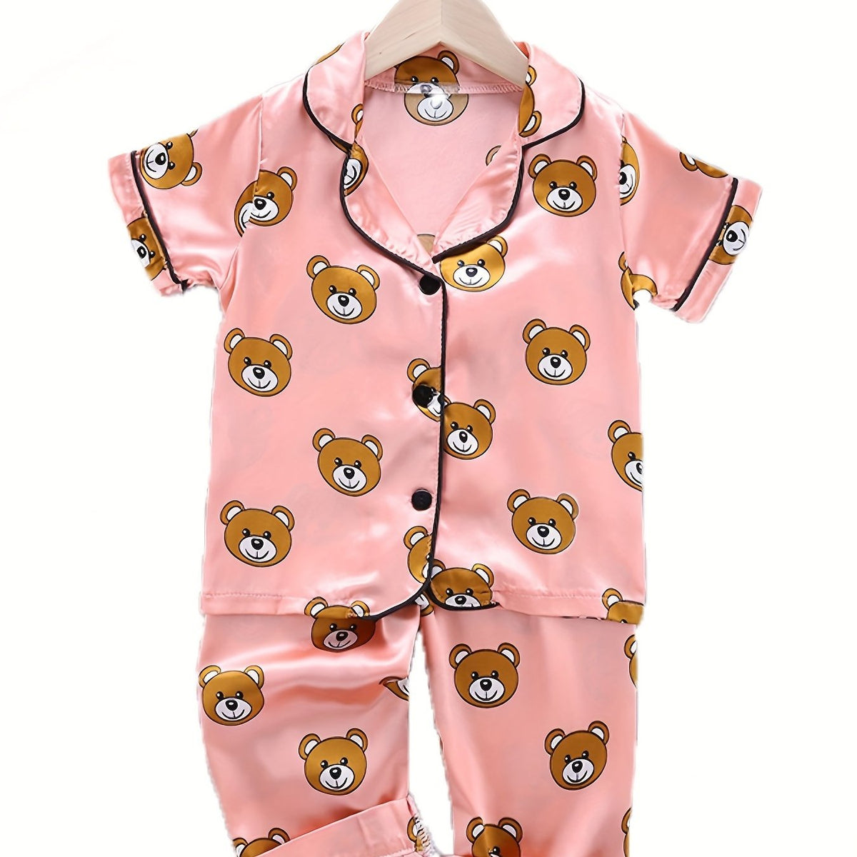 Bear Pattern Girl's Satin Pajamas Button Front Top & Shorts Set