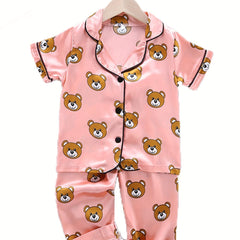 Bear Pattern Girl's Satin Pajamas Button Front Top & Shorts Set