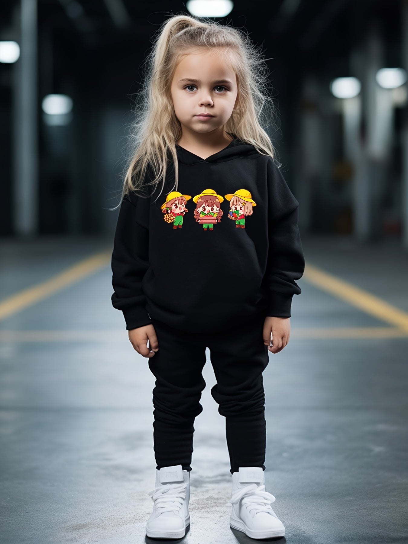 OERYUI Cartoon Girl Print Hooded Pullover Pants Set For Sports