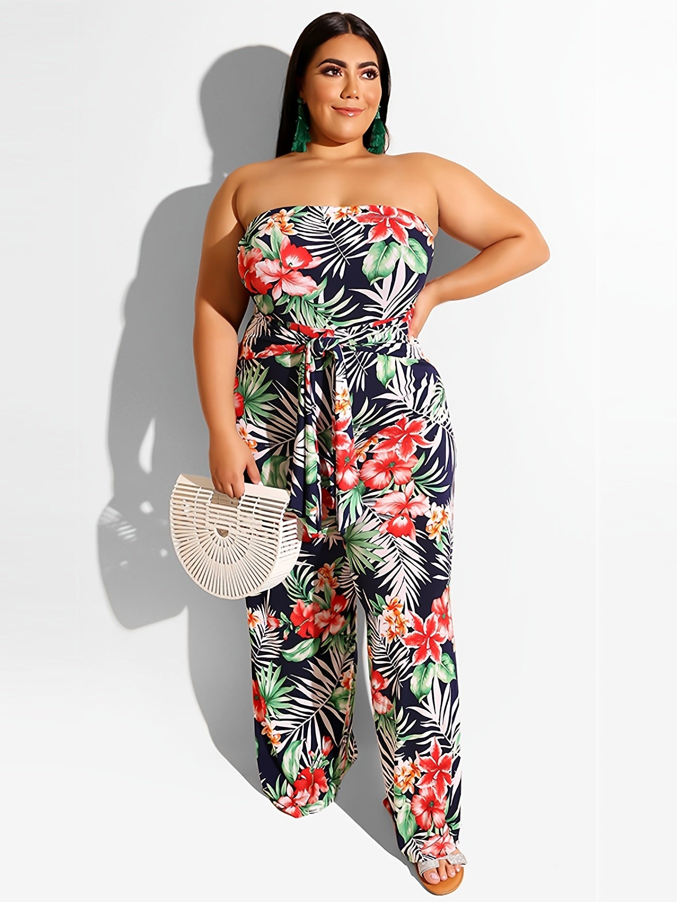  Tropical Print Strapless Jumpsuit