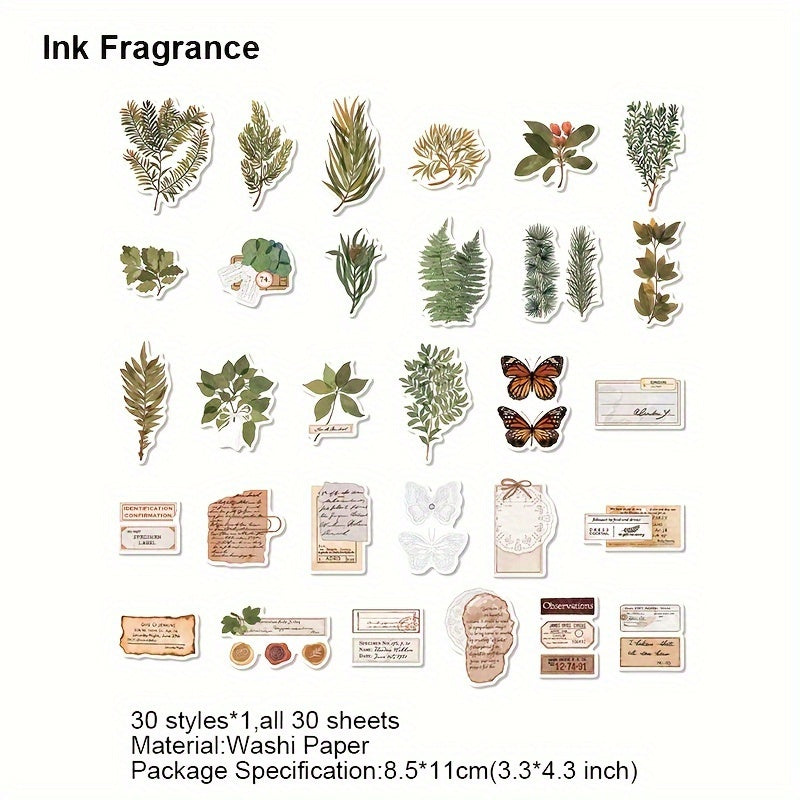 30 Vintage Plant Washi Stickers Retro Scrapbooking DIY Bullet Journal