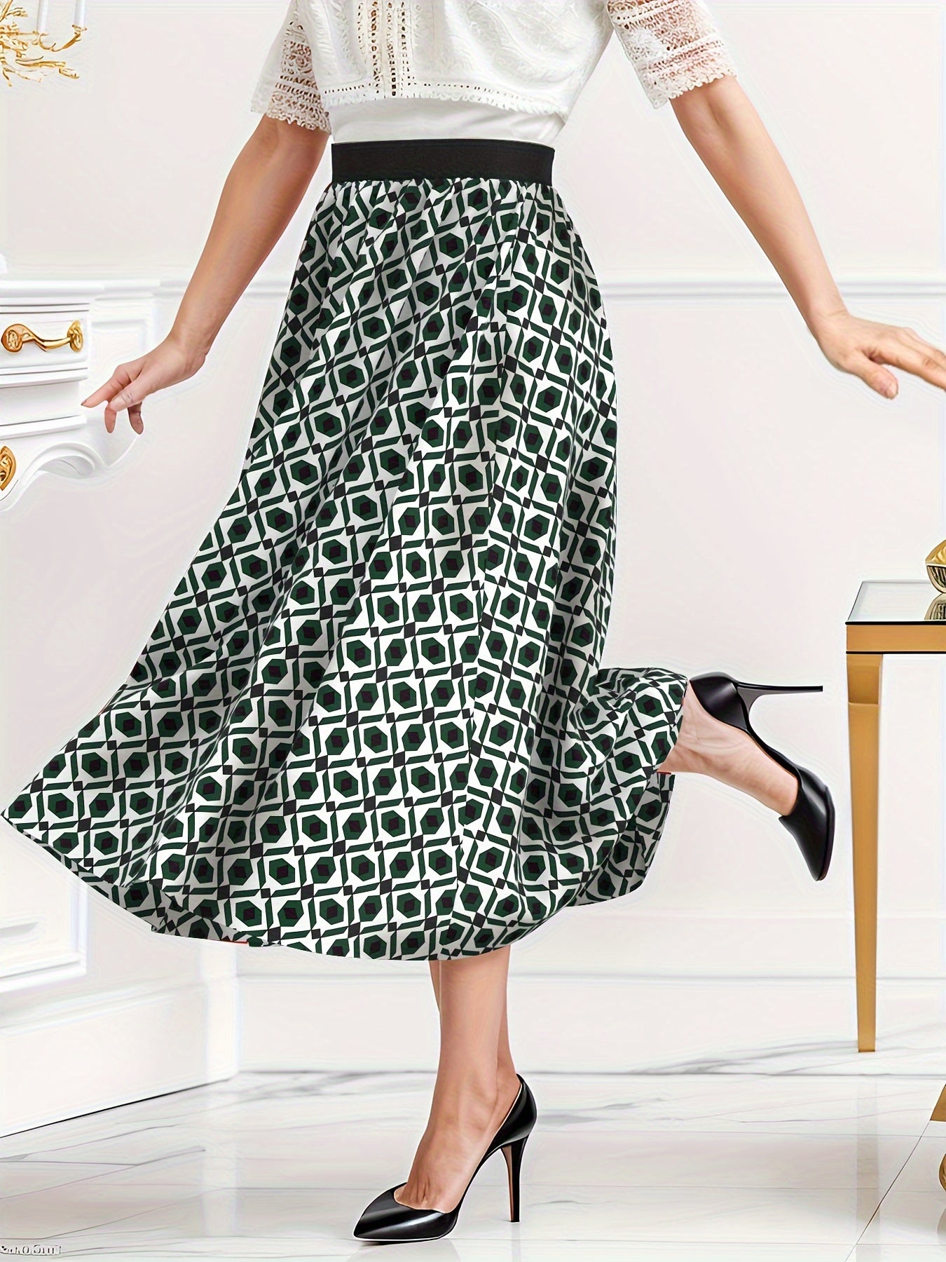  Women's Maxi Skirt Geometric Print High Rise Elastic Waist