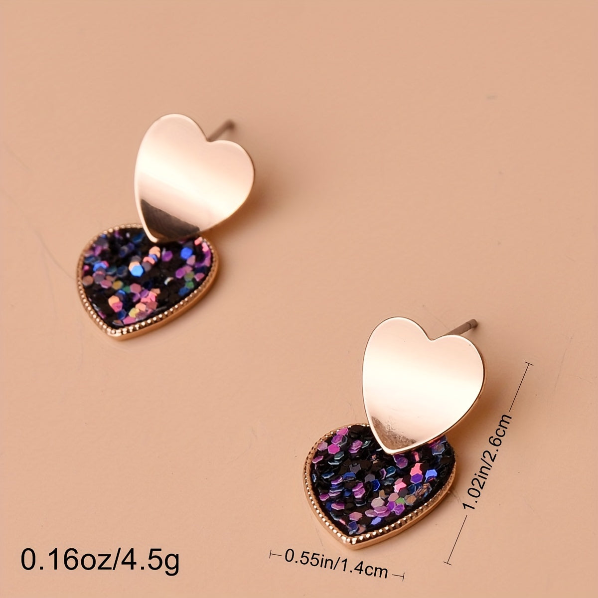 Double Heart Sequins Dangle Earrings 14K Plated Jewelry