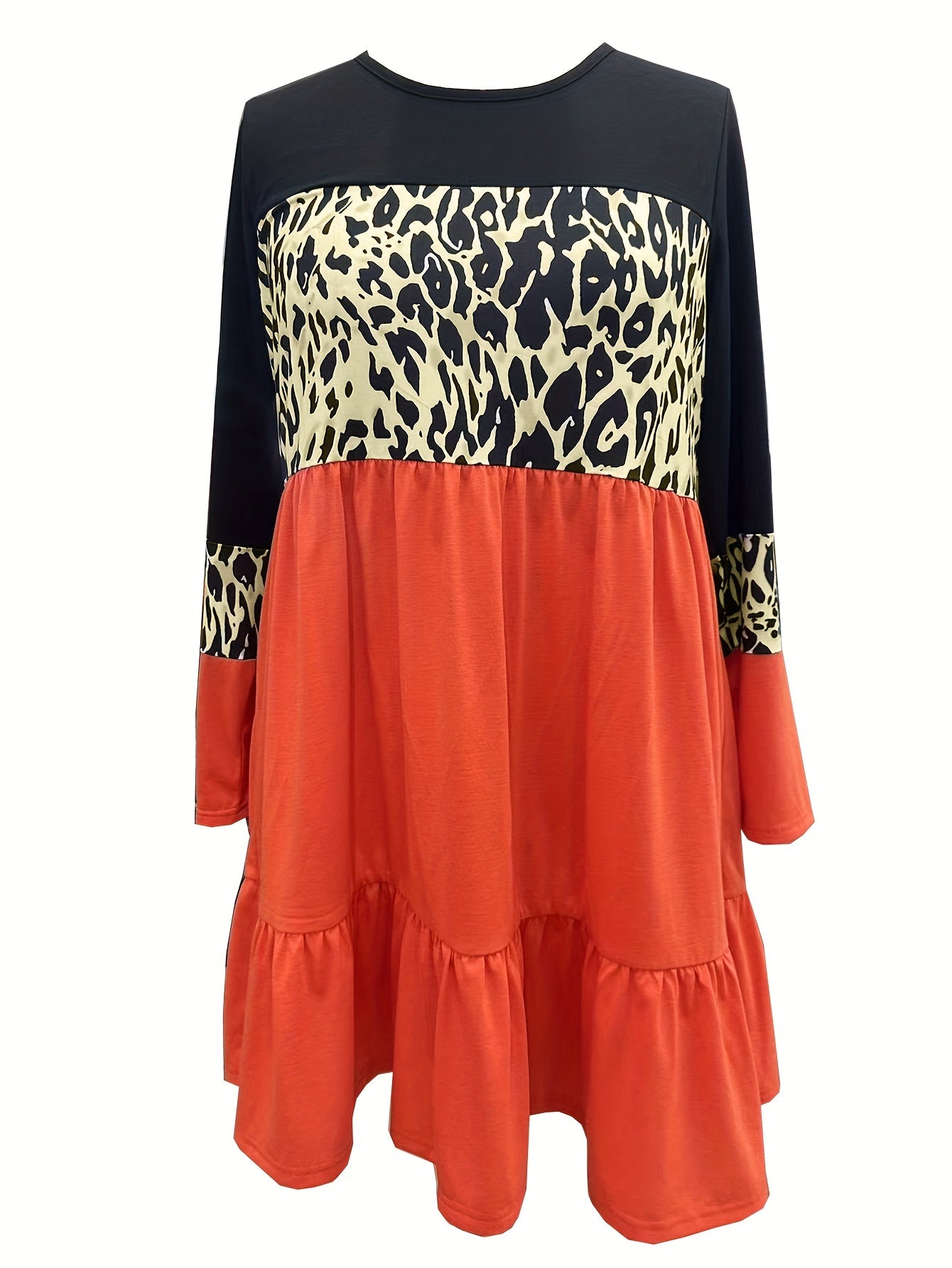  Colorblock Leopard Print Long Sleeve Smock Dress