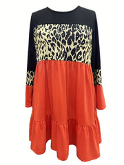  Colorblock Leopard Print Long Sleeve Smock Dress
