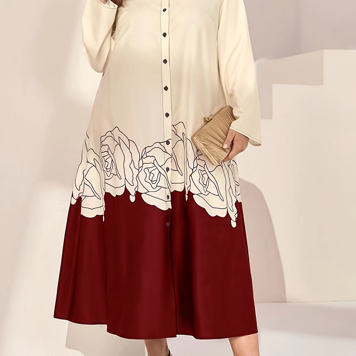  Abaya Dress Women's Plus Colorblock Floral Print Long Sleeve