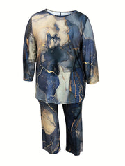  Marble Print Top & Pants Set, Long Sleeve Round Neck 2pc Outfit