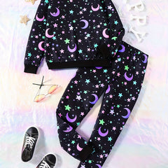 Girl's Star Moon Outfit 2pcs Sweatshirt & Sweatpants Set for Spring Fall