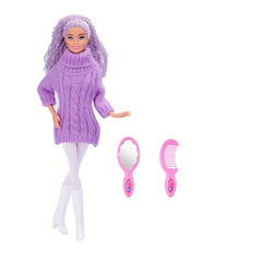 6pcs Doll Set: Turtleneck Sweater, Pants, Shoes, Comb, Mirror - 11.5 Inc