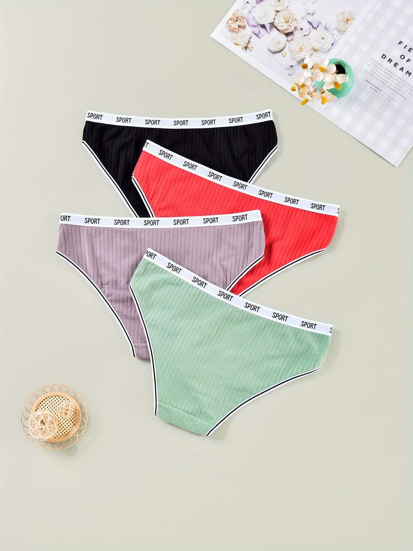 4 Pack Plus Size Casual Underwear Set Women's Plus Striped Letter Trim Underwear