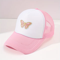 Butterfly Embroidery Pink Trucker Hat Cartoon Block Mesh Baseball Cap