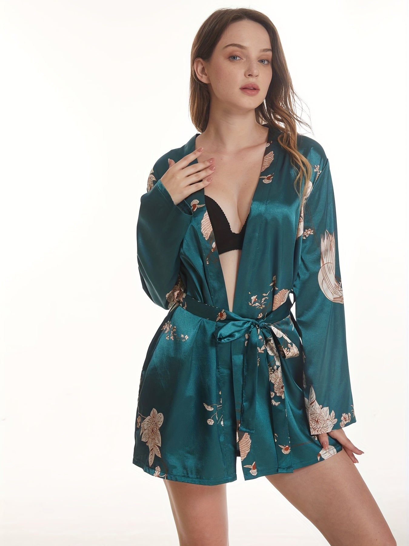 Floral Print Satin Night Robe Long Sleeve V Neck with Belt