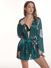 Floral Print Satin Night Robe Long Sleeve V Neck with Belt