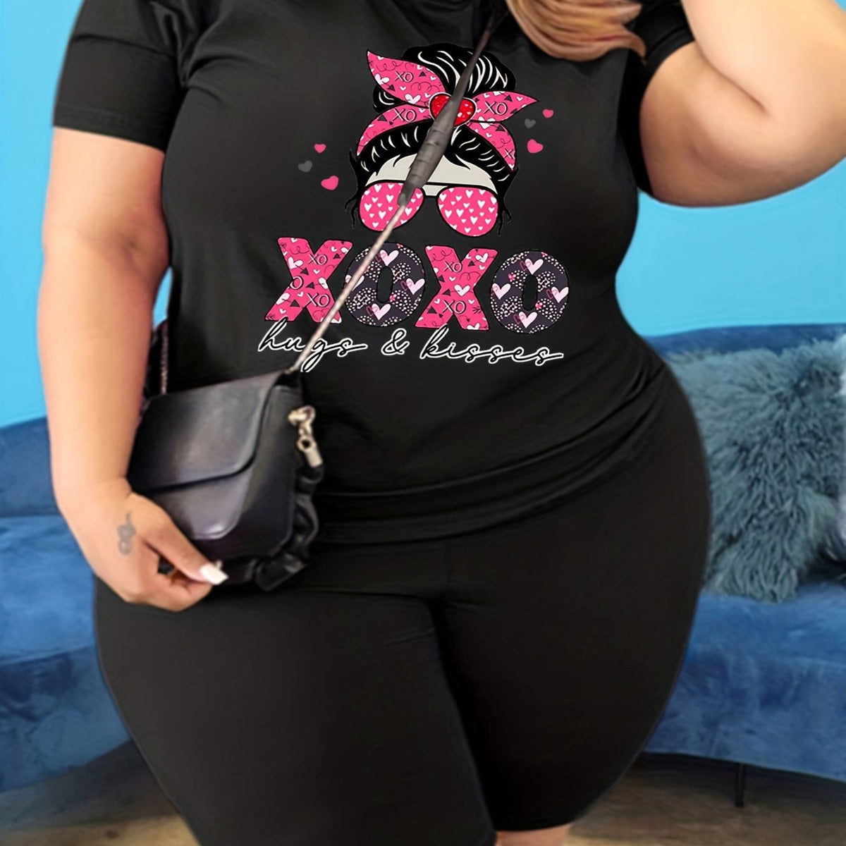  Cartoon Figure & Letter Print Tee & Biker Shorts Outfit Set
